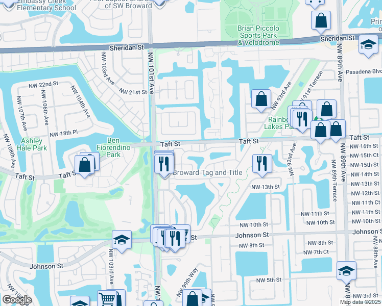 map of restaurants, bars, coffee shops, grocery stores, and more near 9790 Northwest 16th Court in Pembroke Pines