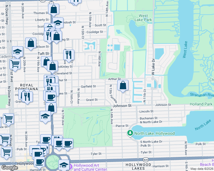 map of restaurants, bars, coffee shops, grocery stores, and more near 1124 North 13th Terrace in Hollywood
