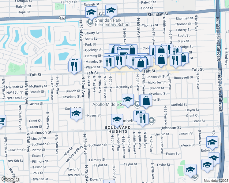 map of restaurants, bars, coffee shops, grocery stores, and more near 1421 North 69th Way in Hollywood