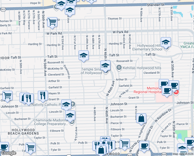 map of restaurants, bars, coffee shops, grocery stores, and more near 4711 Arthur Street in Hollywood