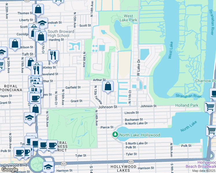 map of restaurants, bars, coffee shops, grocery stores, and more near 1125 Garfield Street in Hollywood