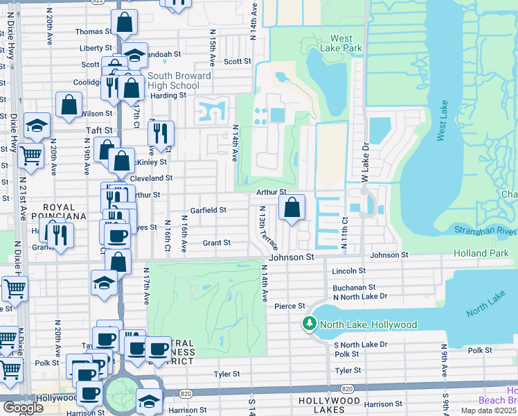 map of restaurants, bars, coffee shops, grocery stores, and more near 1124 North 13th Terrace in Hollywood