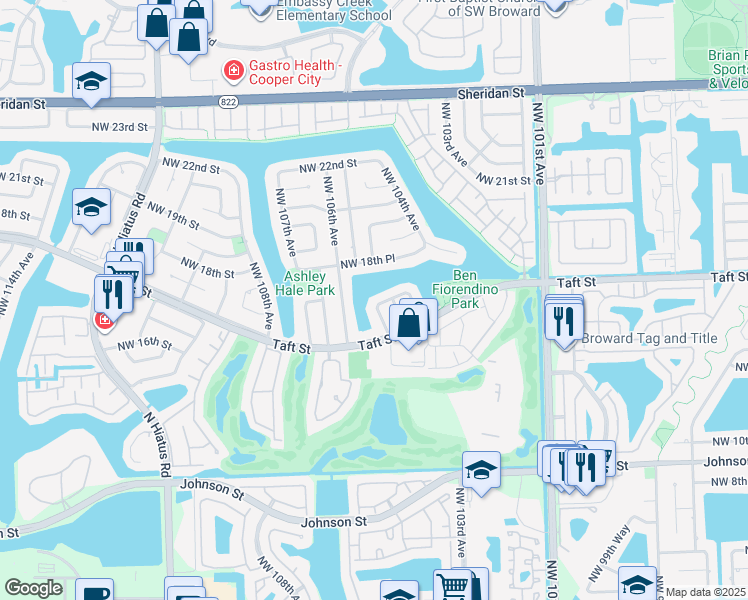 map of restaurants, bars, coffee shops, grocery stores, and more near 10461 Northwest 17th Place in Pembroke Pines