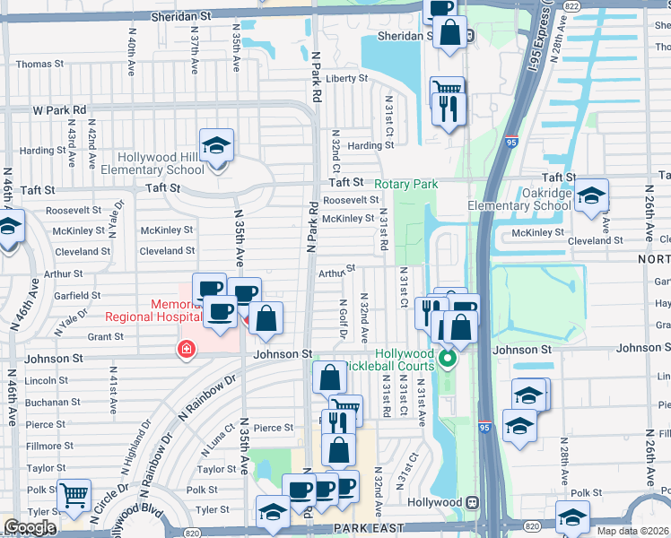 map of restaurants, bars, coffee shops, grocery stores, and more near 1313 North Park Road in Hollywood