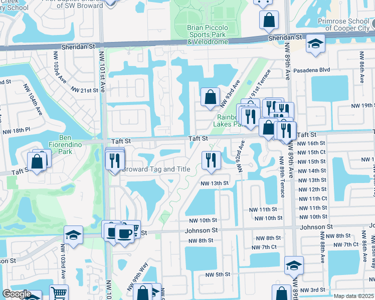 map of restaurants, bars, coffee shops, grocery stores, and more near 1654 Northwest 96th Avenue in Pembroke Pines