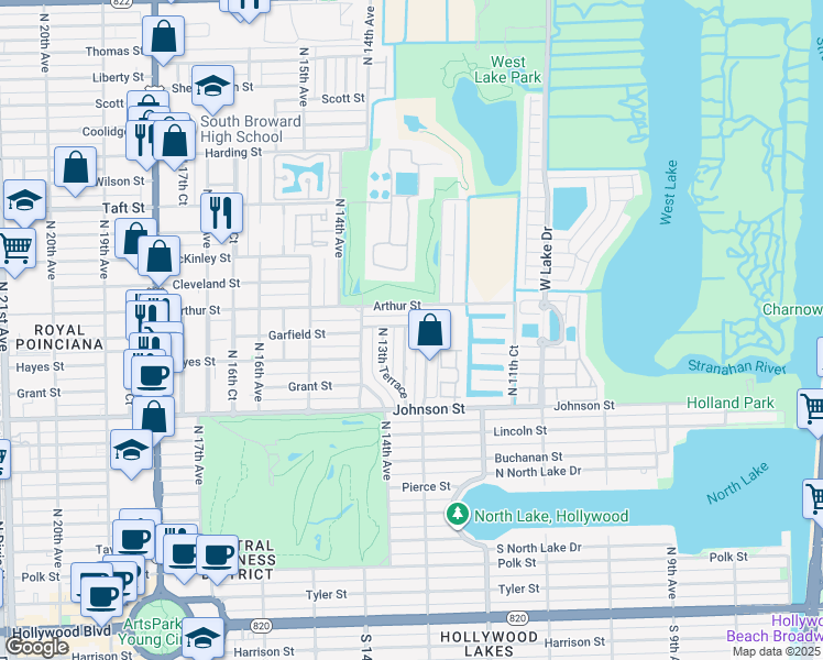 map of restaurants, bars, coffee shops, grocery stores, and more near 1125 Garfield Street in Hollywood