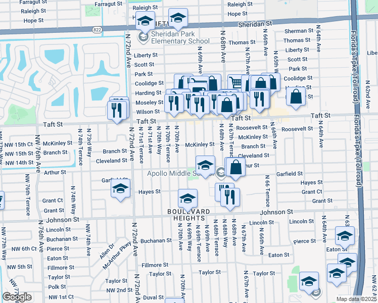 map of restaurants, bars, coffee shops, grocery stores, and more near 1421 North 69th Way in Hollywood