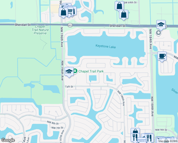 map of restaurants, bars, coffee shops, grocery stores, and more near 19253 Northwest 22nd Street in Pembroke Pines