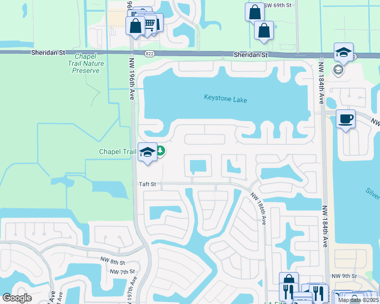 map of restaurants, bars, coffee shops, grocery stores, and more near 19253 Northwest 22nd Street in Pembroke Pines