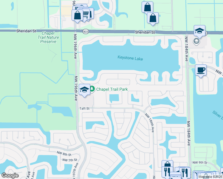 map of restaurants, bars, coffee shops, grocery stores, and more near 19227 Northwest 22nd Street in Pembroke Pines