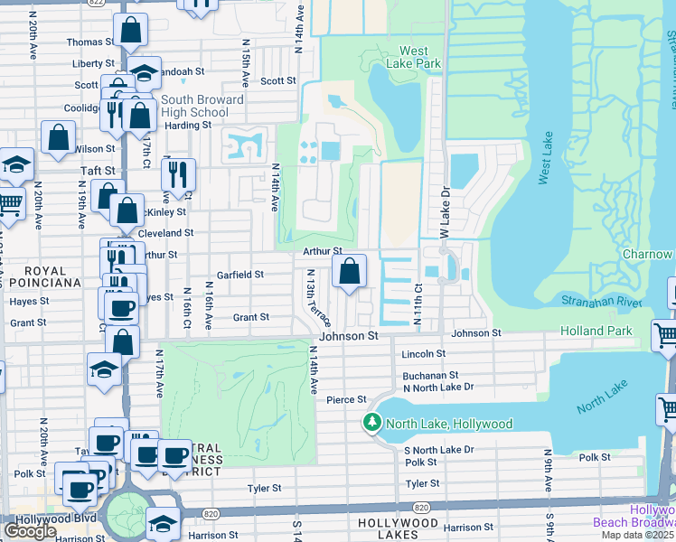 map of restaurants, bars, coffee shops, grocery stores, and more near 1125 Garfield Street in Hollywood