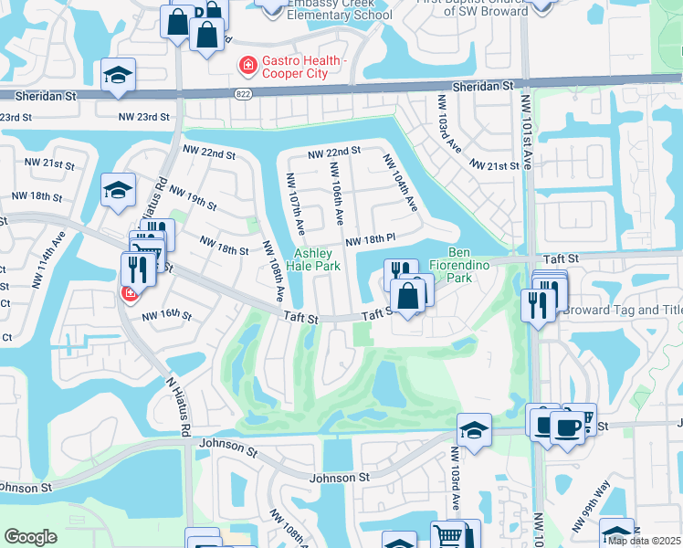 map of restaurants, bars, coffee shops, grocery stores, and more near 1770 Northwest 106th Avenue in Pembroke Pines