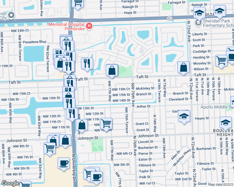 map of restaurants, bars, coffee shops, grocery stores, and more near 7711 Northwest 15th Street in Pembroke Pines
