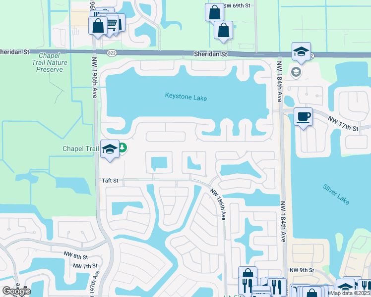 map of restaurants, bars, coffee shops, grocery stores, and more near 18961 Northwest 22nd Street in Pembroke Pines