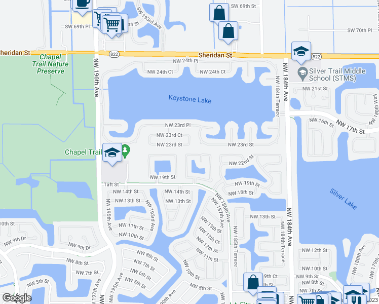 map of restaurants, bars, coffee shops, grocery stores, and more near 18961 Northwest 22nd Street in Pembroke Pines