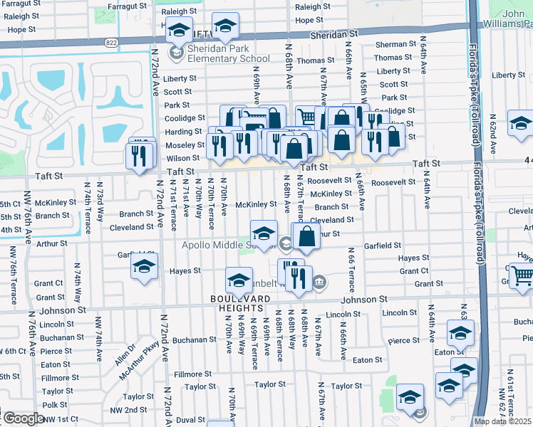map of restaurants, bars, coffee shops, grocery stores, and more near 1421 North 69th Avenue in Hollywood