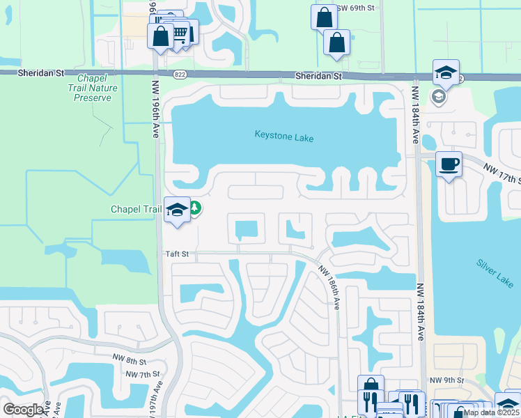 map of restaurants, bars, coffee shops, grocery stores, and more near 19137 Northwest 22nd Street in Pembroke Pines