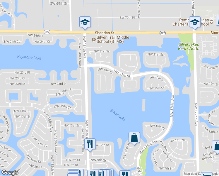 map of restaurants, bars, coffee shops, grocery stores, and more near 1520 Northwest 182nd Terrace in Pembroke Pines