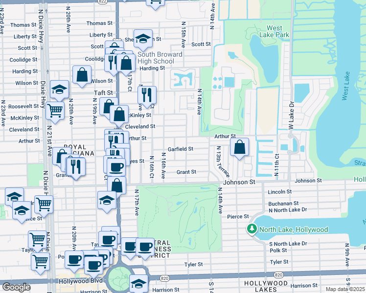 map of restaurants, bars, coffee shops, grocery stores, and more near 1507 Garfield Street in Hollywood