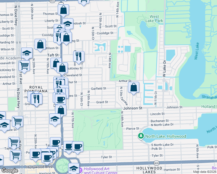 map of restaurants, bars, coffee shops, grocery stores, and more near 1415 Garfield Street in Hollywood