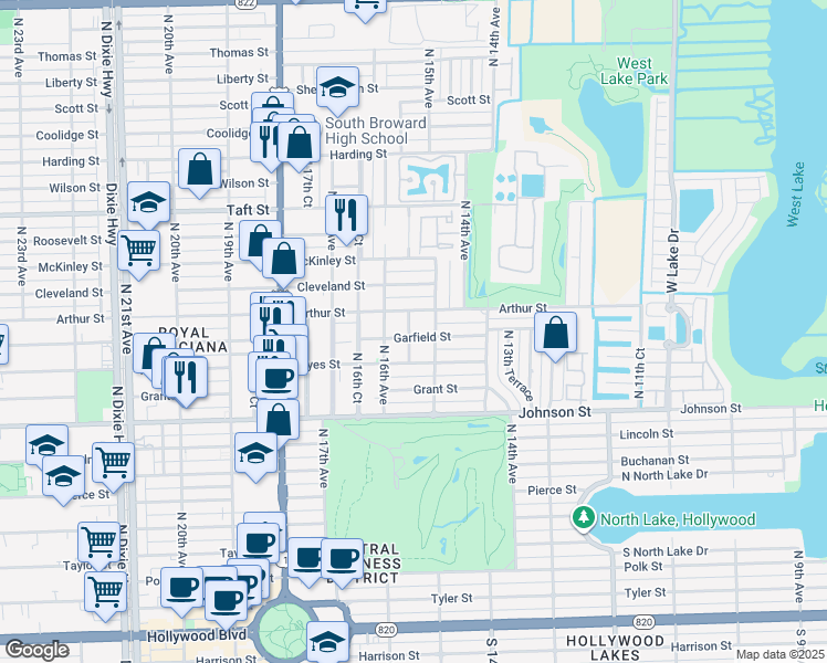 map of restaurants, bars, coffee shops, grocery stores, and more near 1507 Garfield Street in Hollywood
