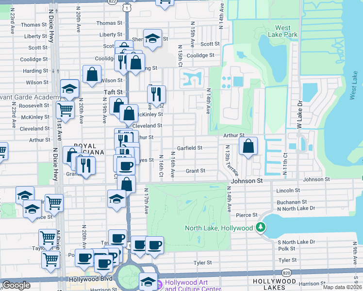map of restaurants, bars, coffee shops, grocery stores, and more near in Hollywood