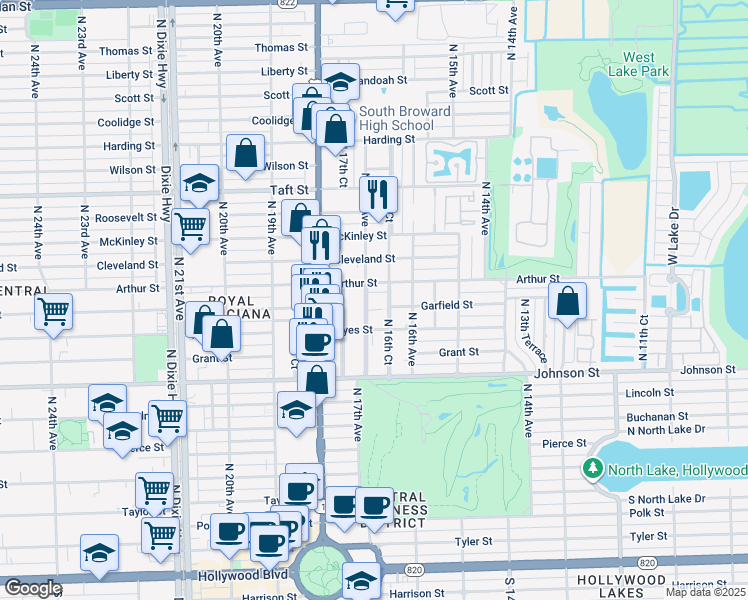 map of restaurants, bars, coffee shops, grocery stores, and more near 1210 North 16th Court in Hollywood