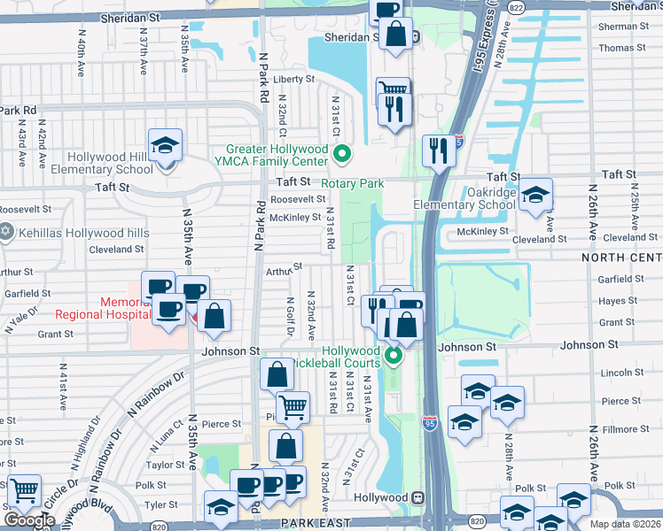 map of restaurants, bars, coffee shops, grocery stores, and more near 1040 North 31st Road in Hollywood