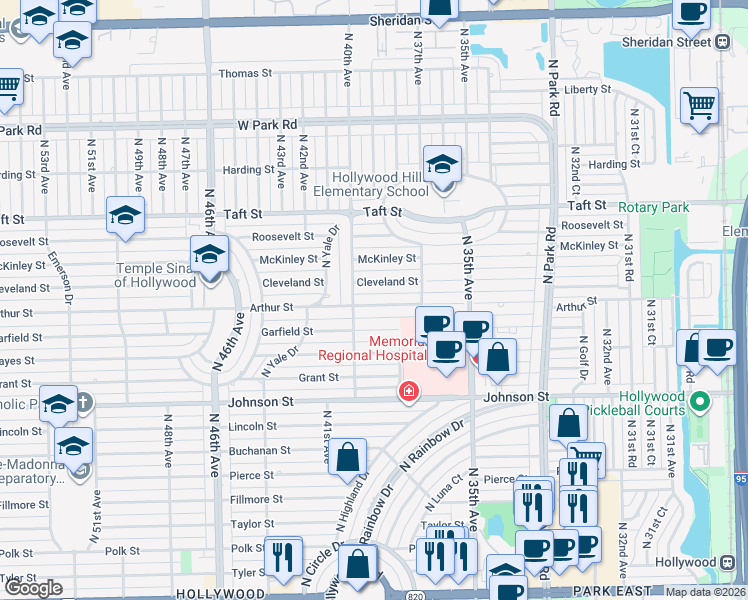 map of restaurants, bars, coffee shops, grocery stores, and more near 3815 Arthur Street in Hollywood