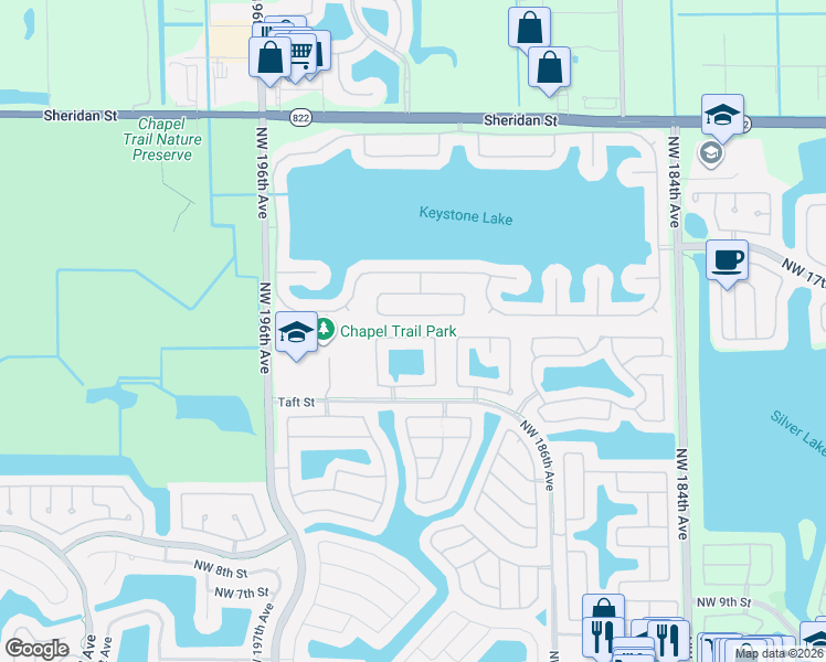 map of restaurants, bars, coffee shops, grocery stores, and more near 19137 Northwest 22nd Street in Pembroke Pines