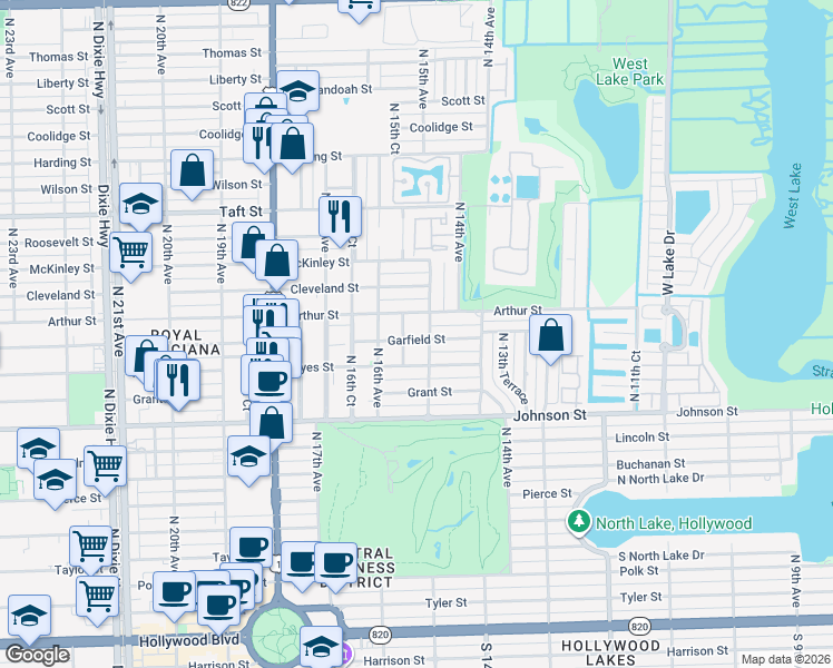 map of restaurants, bars, coffee shops, grocery stores, and more near 1507 Garfield Street in Hollywood