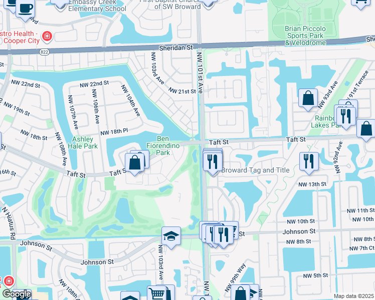map of restaurants, bars, coffee shops, grocery stores, and more near 1661 Fairway Road in Pembroke Pines
