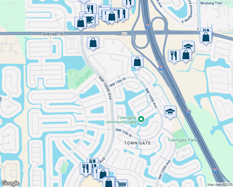 map of restaurants, bars, coffee shops, grocery stores, and more near 1447 Northwest 159th Lane in Pembroke Pines