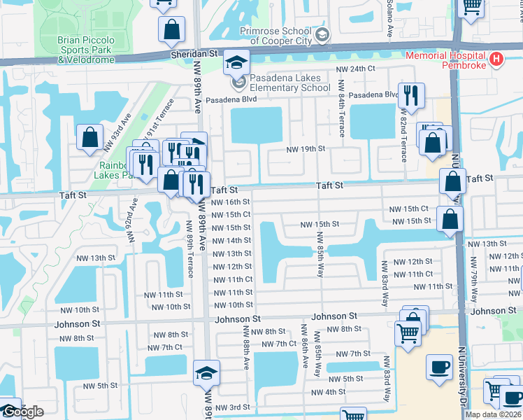 map of restaurants, bars, coffee shops, grocery stores, and more near 8711 Northwest 15th Court in Pembroke Pines