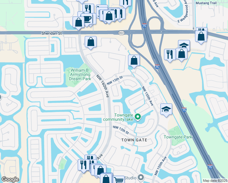 map of restaurants, bars, coffee shops, grocery stores, and more near 1447 Northwest 159th Lane in Pembroke Pines