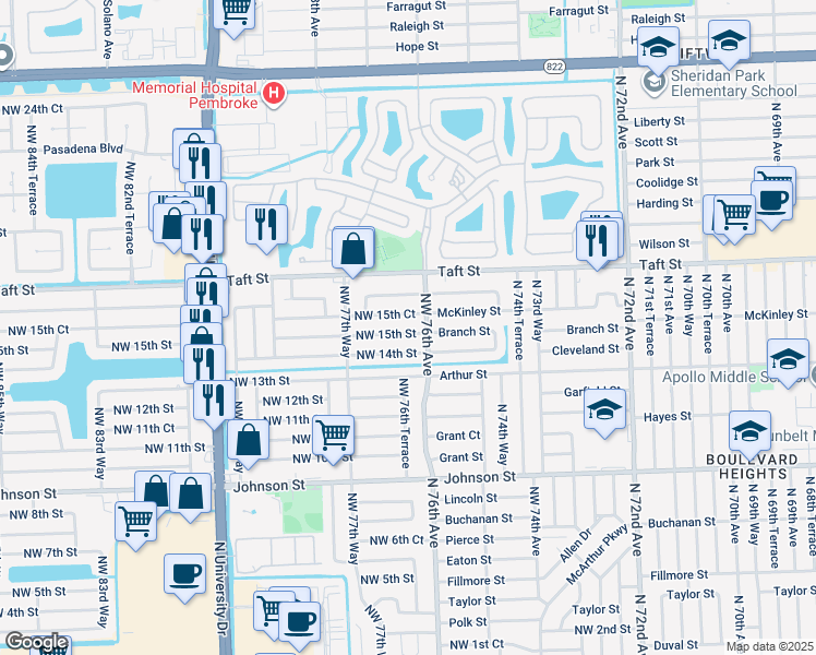 map of restaurants, bars, coffee shops, grocery stores, and more near 7631 Northwest 15th Street in Pembroke Pines