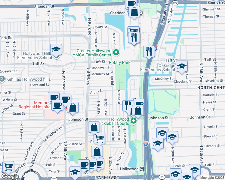 map of restaurants, bars, coffee shops, grocery stores, and more near 1040 North 31st Road in Hollywood