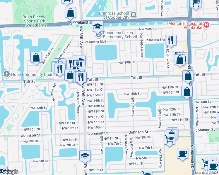 map of restaurants, bars, coffee shops, grocery stores, and more near 8711 Northwest 15th Court in Pembroke Pines