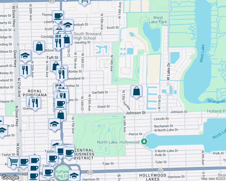 map of restaurants, bars, coffee shops, grocery stores, and more near 1415 Garfield Street in Hollywood