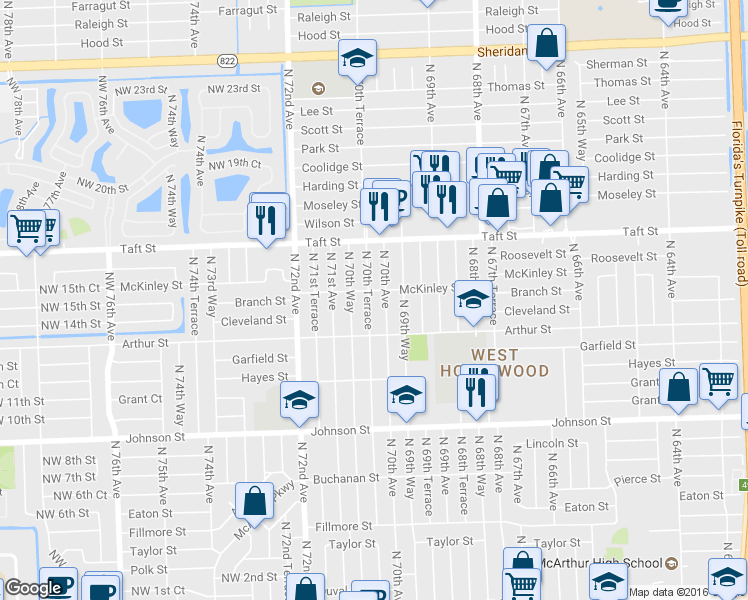 map of restaurants, bars, coffee shops, grocery stores, and more near 1431 North 70th Terrace in Hollywood