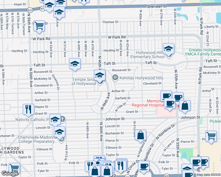 map of restaurants, bars, coffee shops, grocery stores, and more near 1303 North 46th Avenue in Hollywood