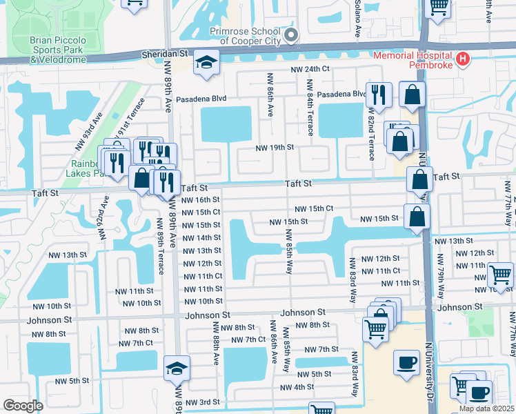 map of restaurants, bars, coffee shops, grocery stores, and more near 8631 Northwest 15th Court in Pembroke Pines