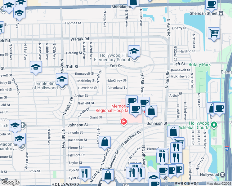 map of restaurants, bars, coffee shops, grocery stores, and more near 3815 Arthur St in Hollywood