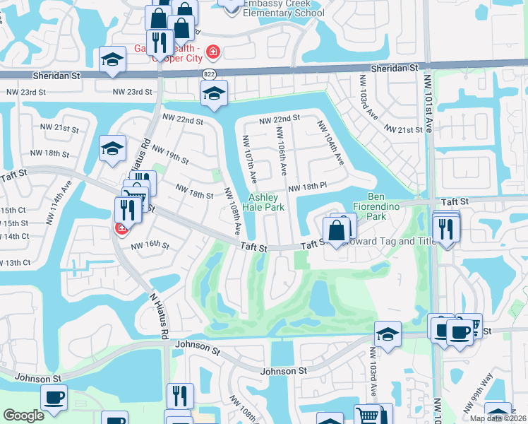map of restaurants, bars, coffee shops, grocery stores, and more near 10661 Northwest 17th Place in Pembroke Pines