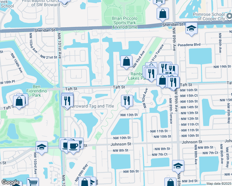 map of restaurants, bars, coffee shops, grocery stores, and more near 1654 Northwest 96th Avenue in Pembroke Pines