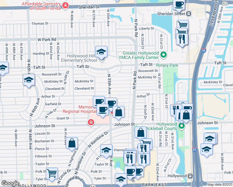 map of restaurants, bars, coffee shops, grocery stores, and more near 3423 Arthur Street in Hollywood