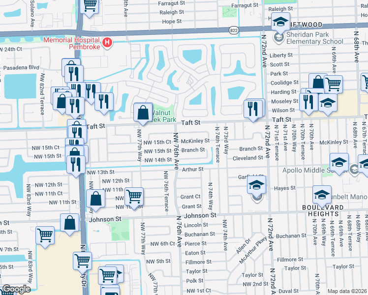map of restaurants, bars, coffee shops, grocery stores, and more near 7525 Branch Street in Hollywood