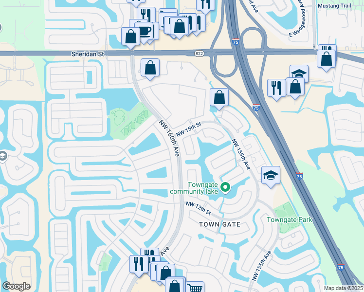 map of restaurants, bars, coffee shops, grocery stores, and more near 1447 Northwest 159th Lane in Pembroke Pines