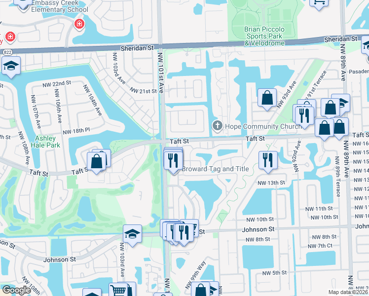 map of restaurants, bars, coffee shops, grocery stores, and more near 9878 Northwest 16th Court in Pembroke Pines