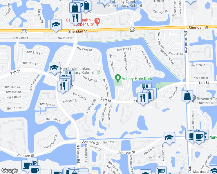 map of restaurants, bars, coffee shops, grocery stores, and more near 1741 Northwest 108th Avenue in Pembroke Pines